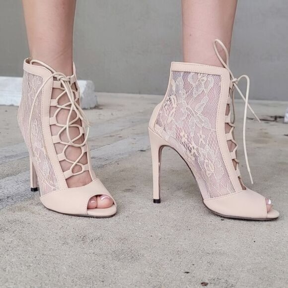 Women Ankle Open Toe High Heel Booties Lace Up Nude Color - Picture 6 of 6